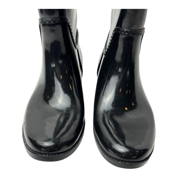 Michael Kors Boots Women 8 Black Gloss Rubber Logo Emblem Stockard Tall Rain - Picture 7 of 14